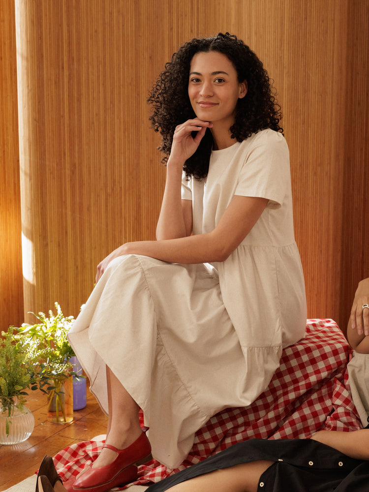 knee length dresses for ladies The Tiered Dress in Stretch Linen main image 0