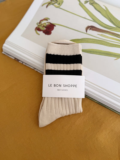 Le Bon Her Varsity Sock Cream Black