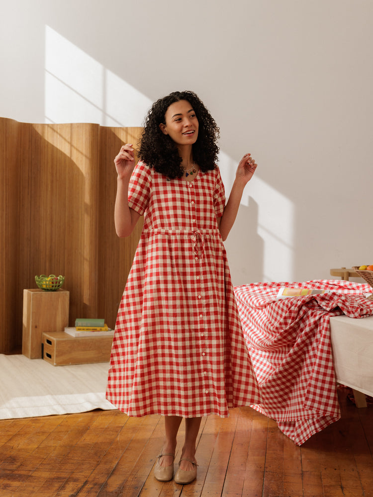 Nell Midi Dress Fig Toast Gingham