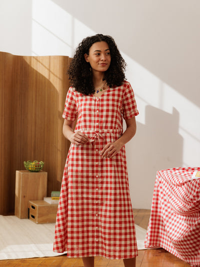 Nell Midi Dress Fig Toast Gingham