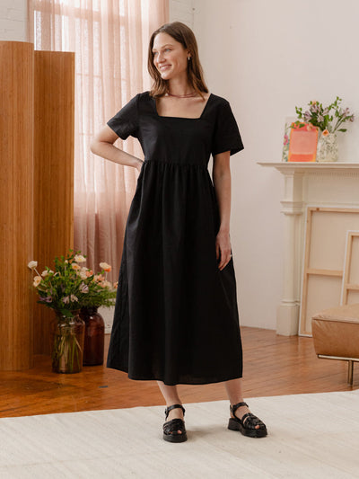 Nico Square Neck Linen Midi Dress Black