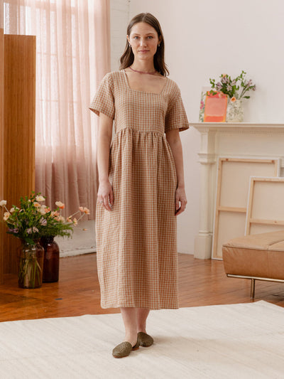 Nico Square Neck Linen Midi Dress Earth Gingham