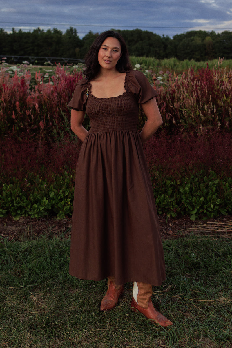 Goldie Smocked Short Sleeve Dress Chocolate