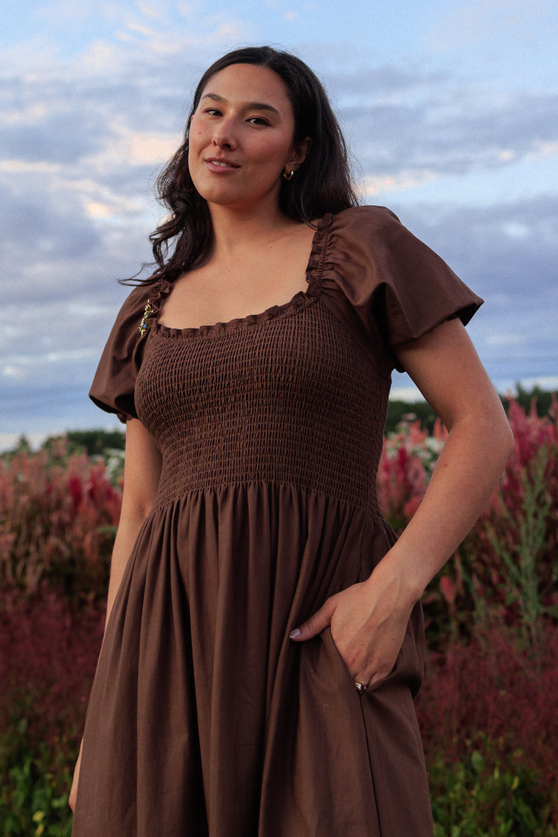 Goldie Smocked Short Sleeve Dress Chocolate