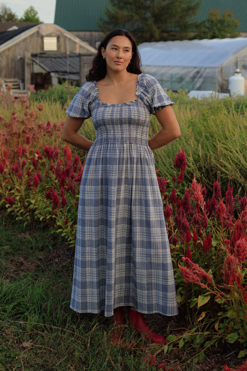 Goldie Smocked Short Sleeve Dress Cream Atlantic Plaid