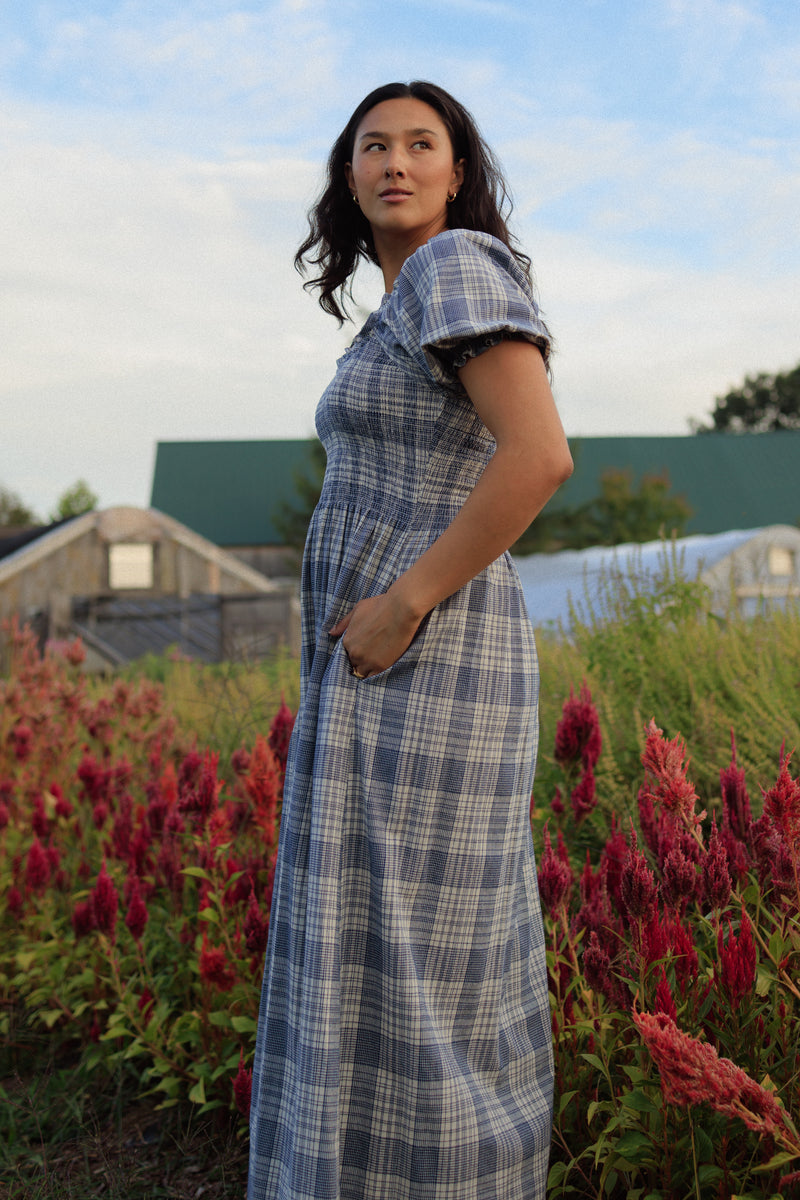 Goldie Smocked Short Sleeve Dress Cream Atlantic Plaid