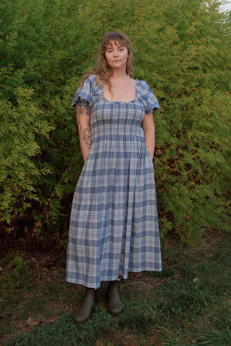 Goldie Smocked Short Sleeve Dress Cream Atlantic Plaid