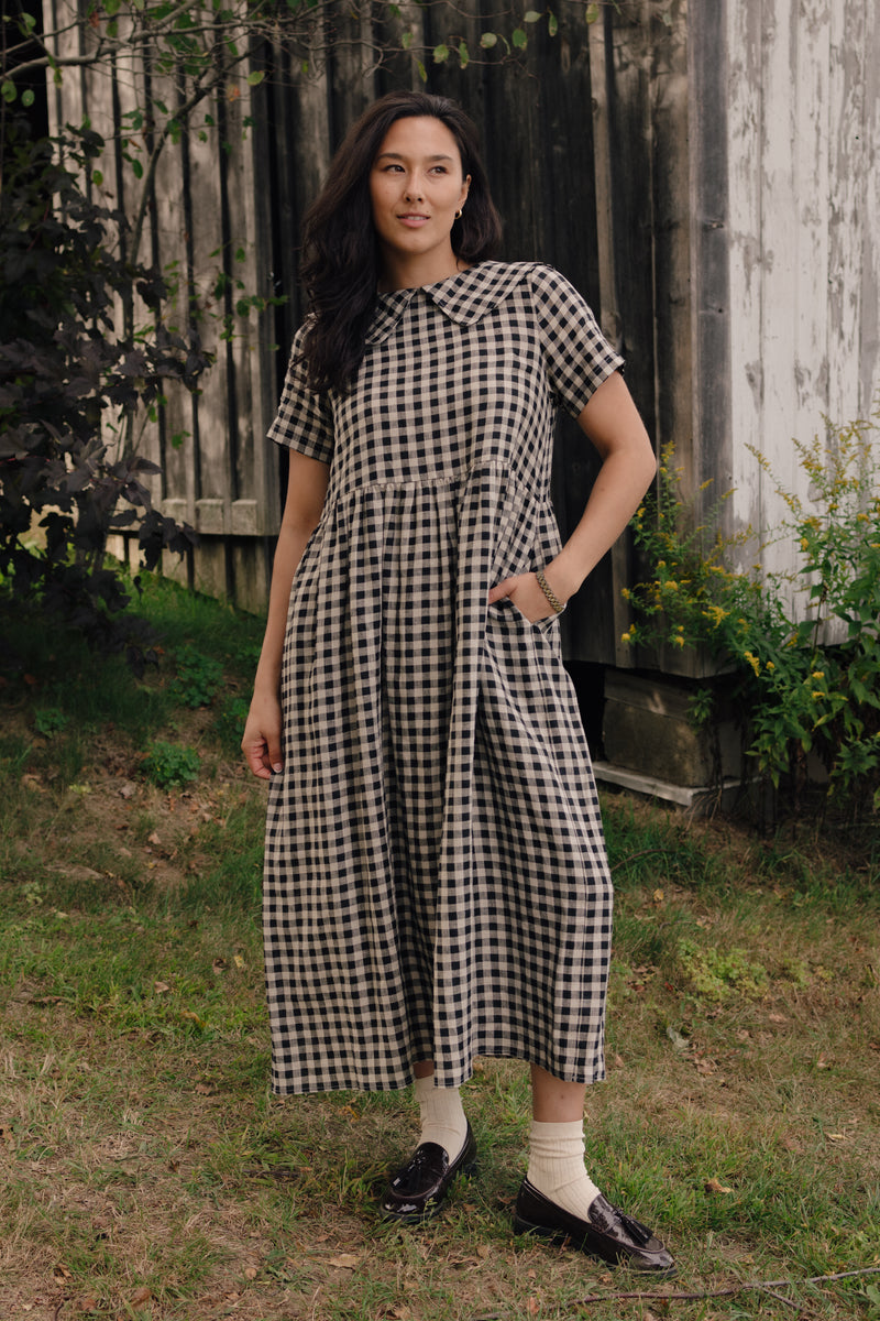 Homestead Collared Linen Dress Black Oat Milk Gingham