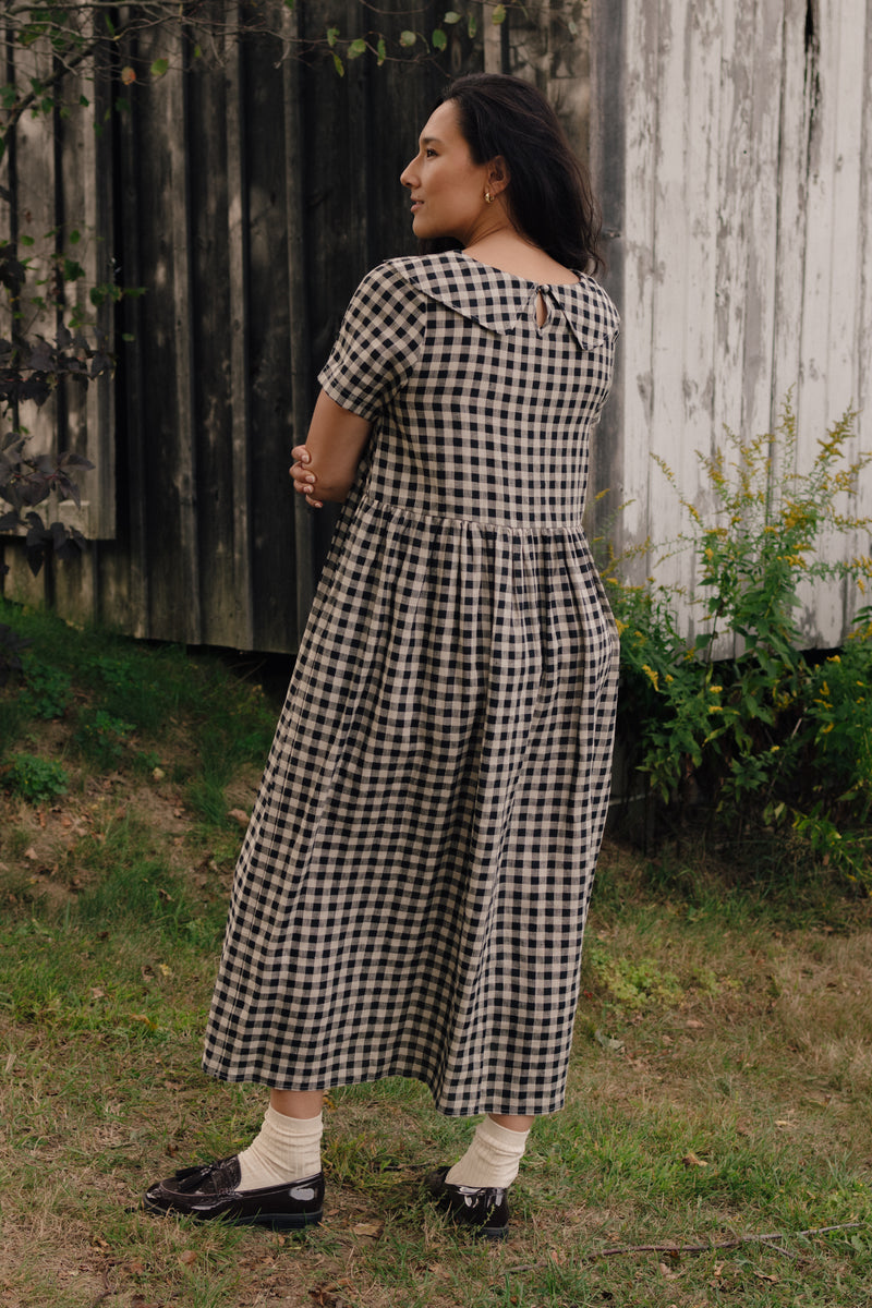 Homestead Collared Linen Dress Black Oat Milk Gingham