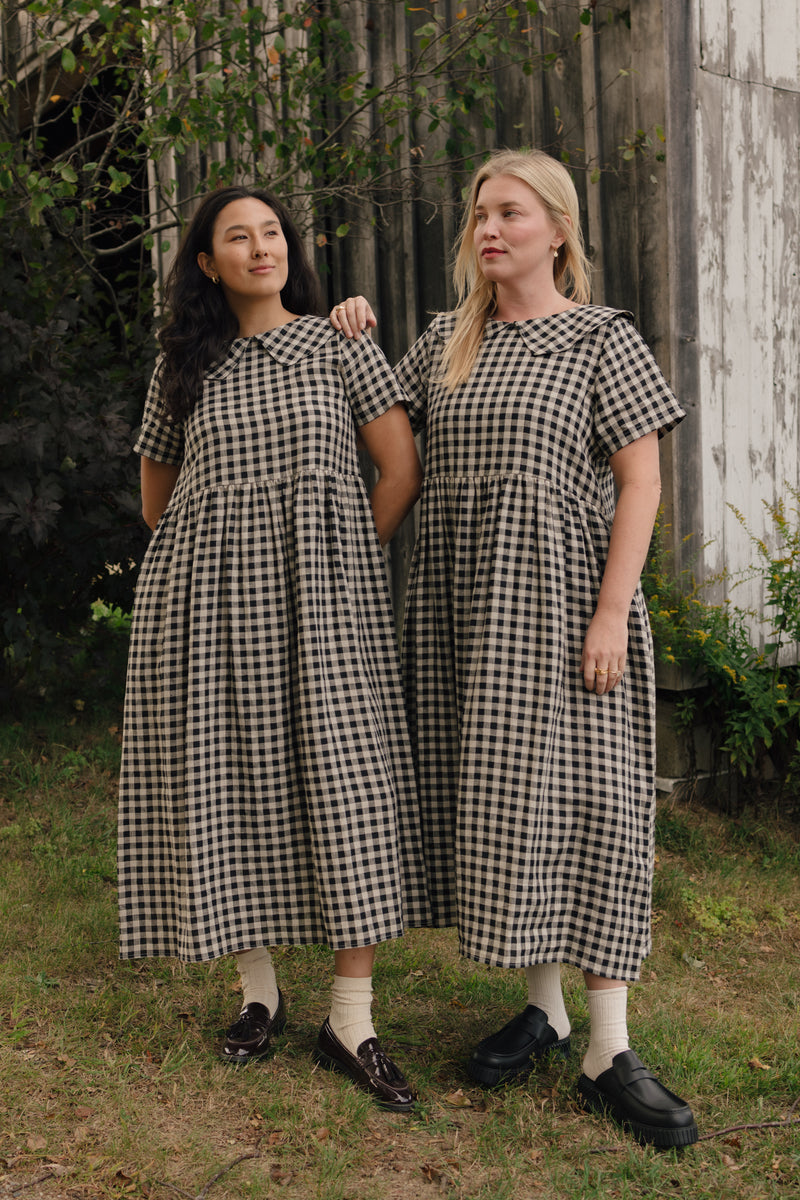 Homestead Collared Linen Dress Black Oat Milk Gingham