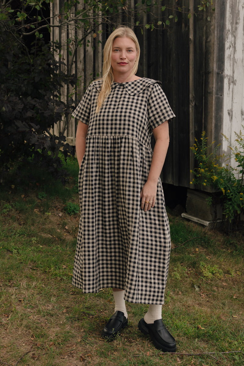 Homestead Collared Linen Dress Black Oat Milk Gingham