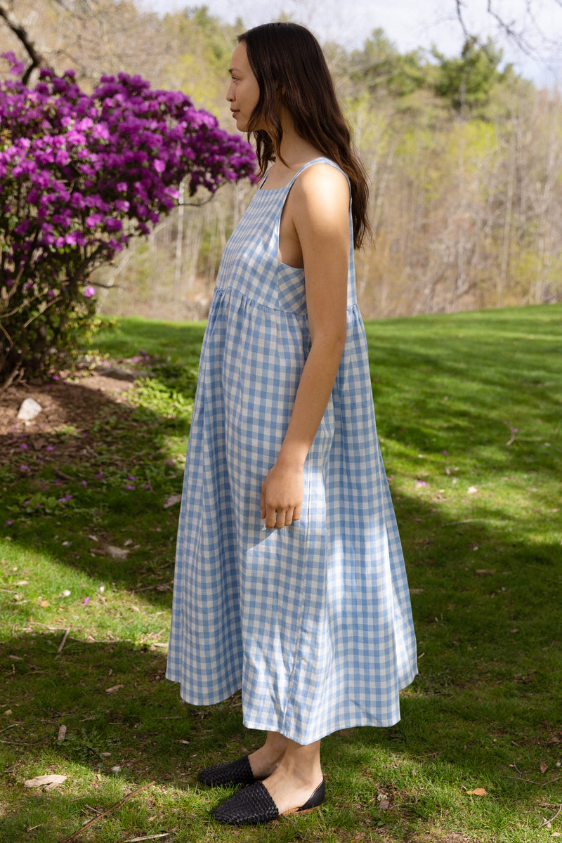 apron dress linen Blue Linen Midi Apron Dress with Swing Silhouette and Fitted Waistband
