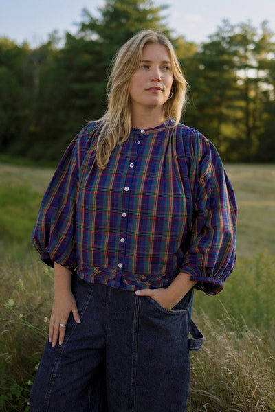 Bertille Pintucked Top Blue Hill Plaid