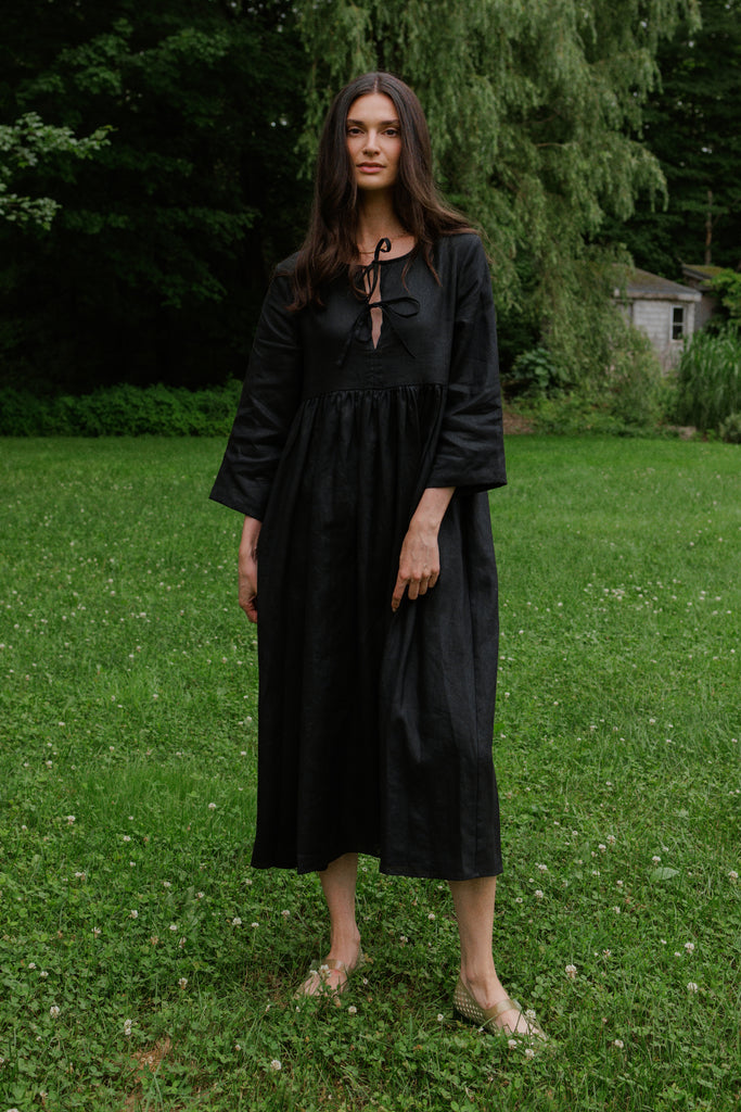 Birdie Bell Sleeve Linen Dress Black Linen