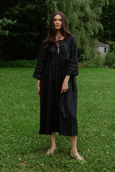 Birdie Bell Sleeve Linen Dress Black