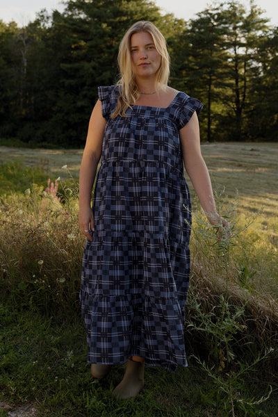 Chalet Flutter Sleeve Dress Indigo Plaid