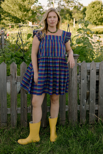 Chalet Flutter Sleeve Mini Dress Blue Hill Plaid