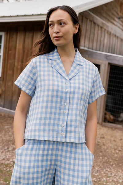 Coast Camp Linen Shirt Surf Blue Gingham
