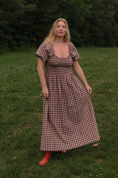 Goldie Smocked Short Sleeve Dress Chocolate Pink Gingham