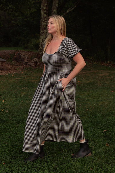 Goldie Smocked Short Sleeve Dress Black Oat Milk Gingham 