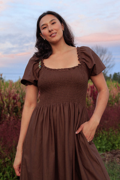 Goldie Smocked Short Sleeve Dress Chocolate