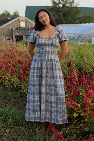 Goldie Smocked Short Sleeve Dress Cream Atlantic Plaid