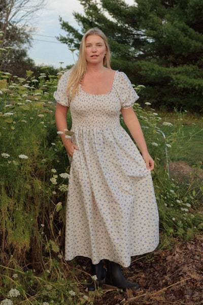 Goldie Smocked Short Sleeve Dress Cream Blue Floral 