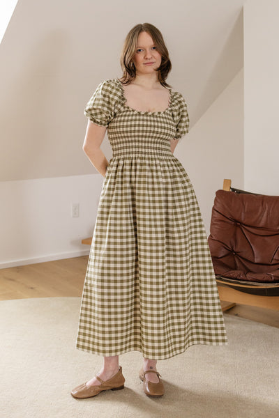 Goldie Smocked Short Sleeve Dress Sage Oat Milk Gingham