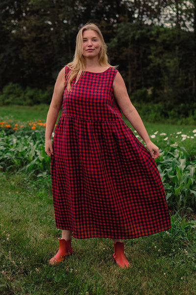 Luna Sleeveless Linen Dress Rhubard Blue Gingham