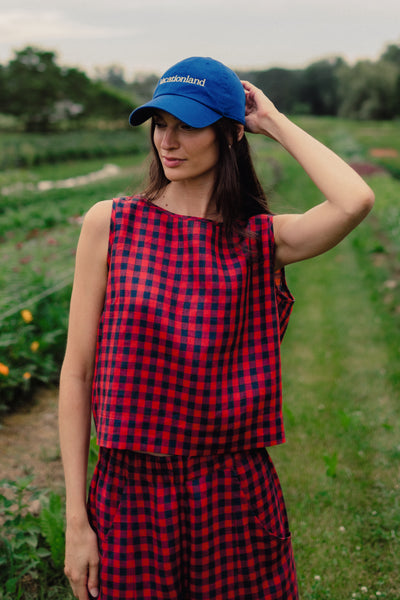 Luna Sleeveless Linen Tank Top Rhubarb Blue Gingham