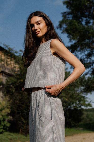 Luna Sleeveless Tank Top Blue Coffee Stripe