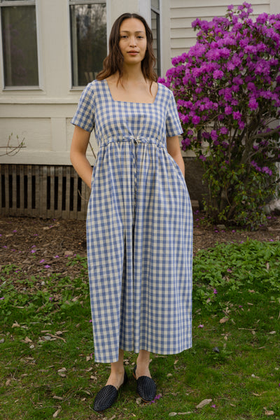 Nico Square Neck Drawstring Dress Dusty Blue Gingham