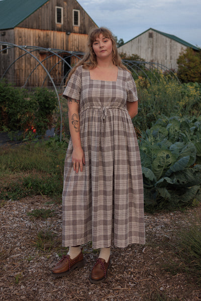 Nico Square Neck Drawstring Dress Cream Chocolate Plaid