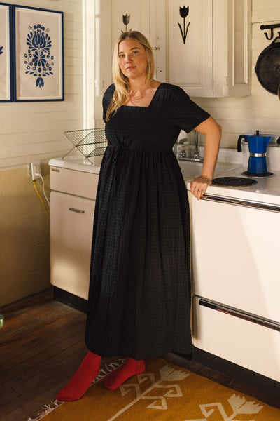 Nico Square Neck Drawstring Dress Noir Gingham