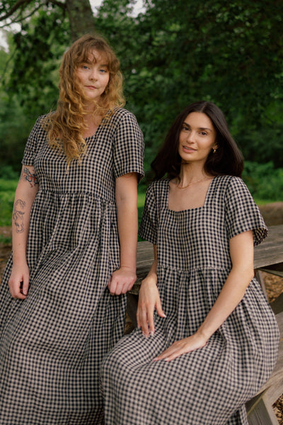 Nico Square Neck Linen Midi Dress Black Natural Gingham
