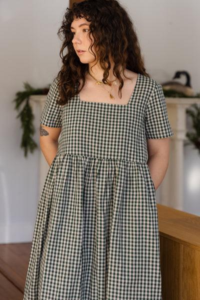 Seasonal Nico Square Neck Dress Forest Oat Milk Gingham