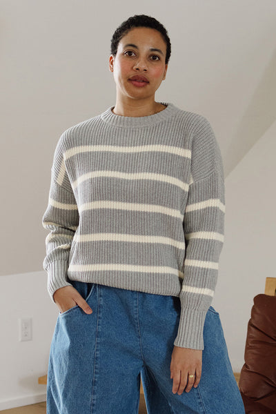 Shelter Crewneck Sweater Heather Grey Cream Stripe